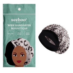 Leopard print wide band satin bonnet cap for hair care in Frankfort, IL