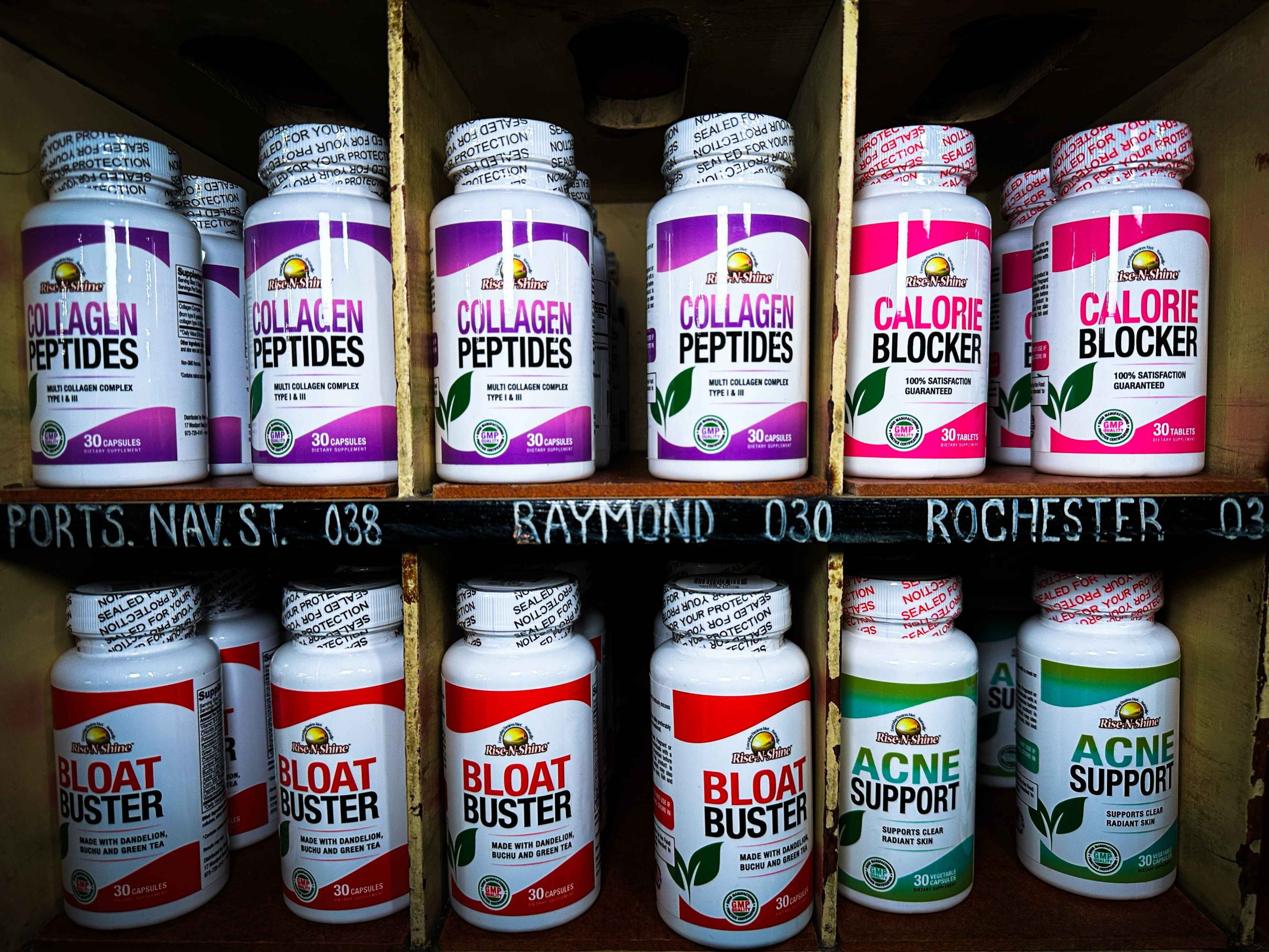 Wellness supplements display with collagen and bloat support in Frankfort, IL