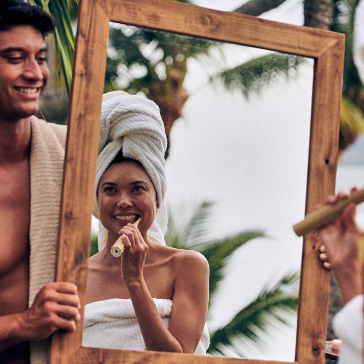 60 fluoride-free, mint whitening toothpaste tablets in eco-friendly packaging