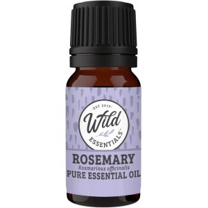 10 ml amber glass bottle of Wild Essentials Rosemary Essential Oil with lavender-hued label, featuring botanical name Rosmarinus officinalis