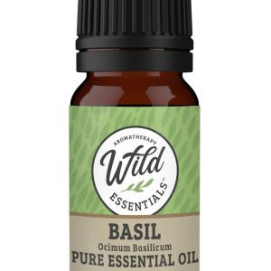 10 ml amber bottle of Wild Essentials Basil Essential Oil with green label, featuring botanical name Ocimum basilicum, used for focus, clarity, and natural wellness
