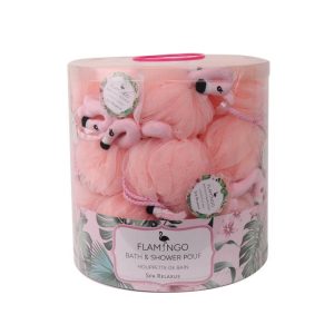 Flamingo Bath & Shower Pouf – Displayer of 30 for gentle exfoliation