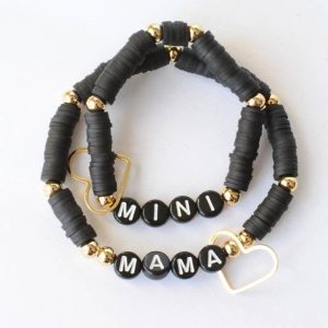Mama MINI Black Gold Beaded Stretch Bracelet Jewelry Set
