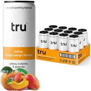 Pack of 12 Tru Energy Seltzer cans, orange mango flavored