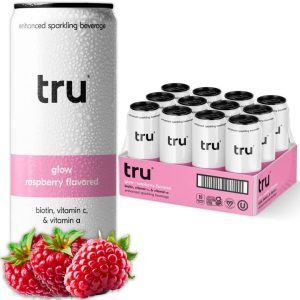Pack of 12 Tru Glow Seltzer raspberry flavored sparkling drinks