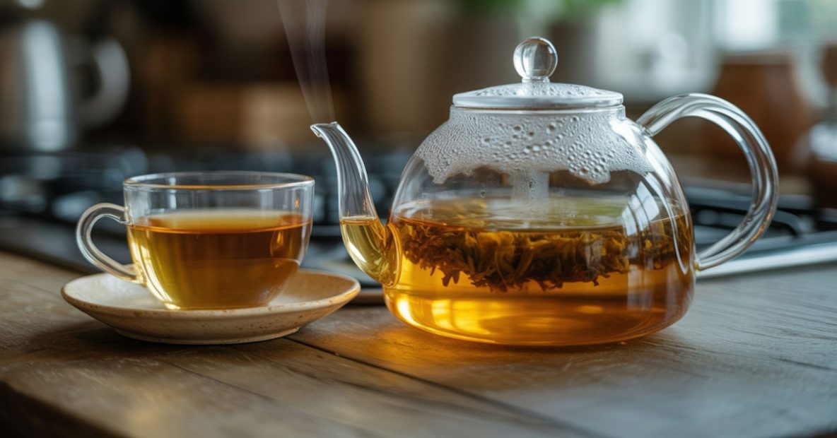 A clear glass teapot and cup with loose leaf herbal tea on a wooden table at Elixir Apothecary, promoting relaxation and wellness.